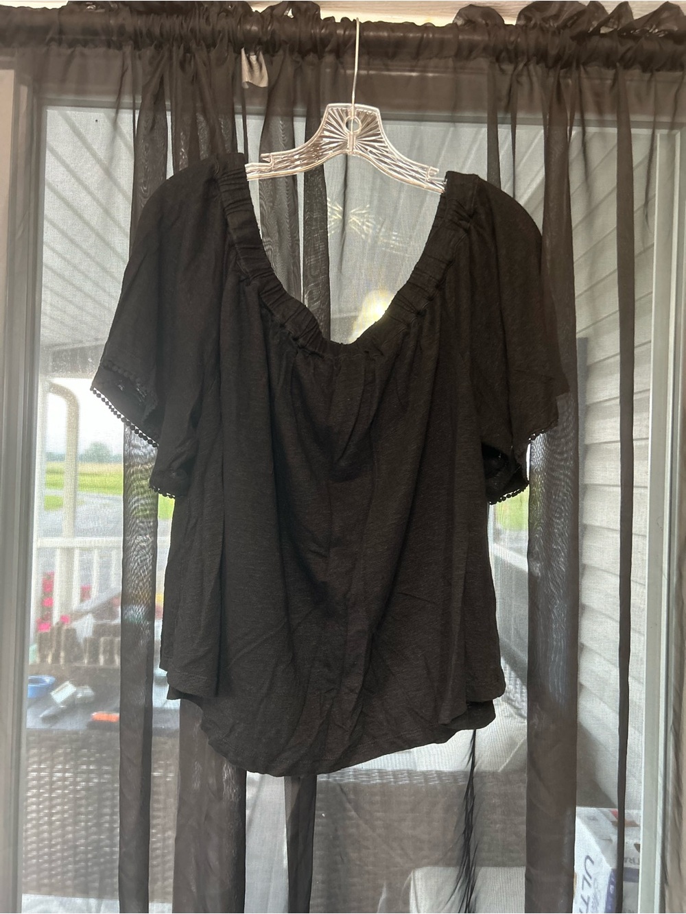 Black Off-Shoulder Peasant Crop Top - Relaxed Short Sleeve